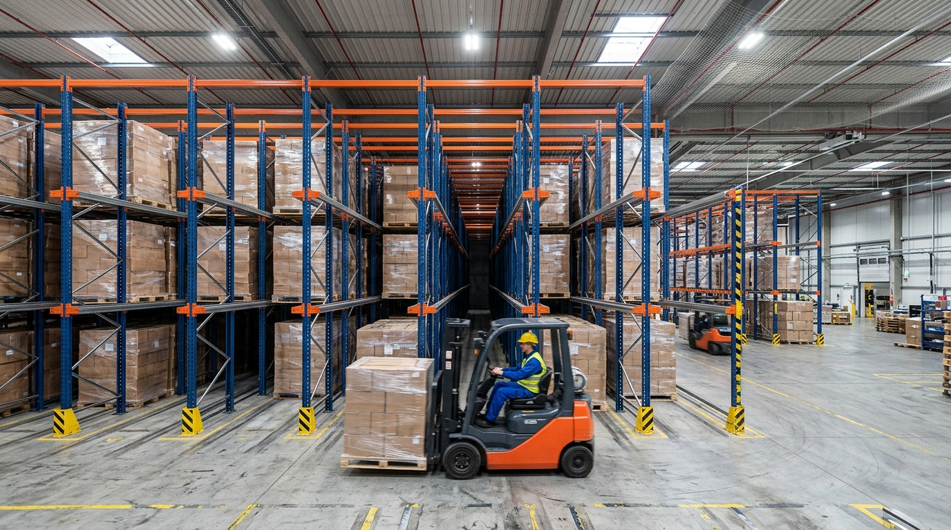 Corredor Drive-In com empilhadeira entrando nos trilhos e paletes organizados em profundidade
